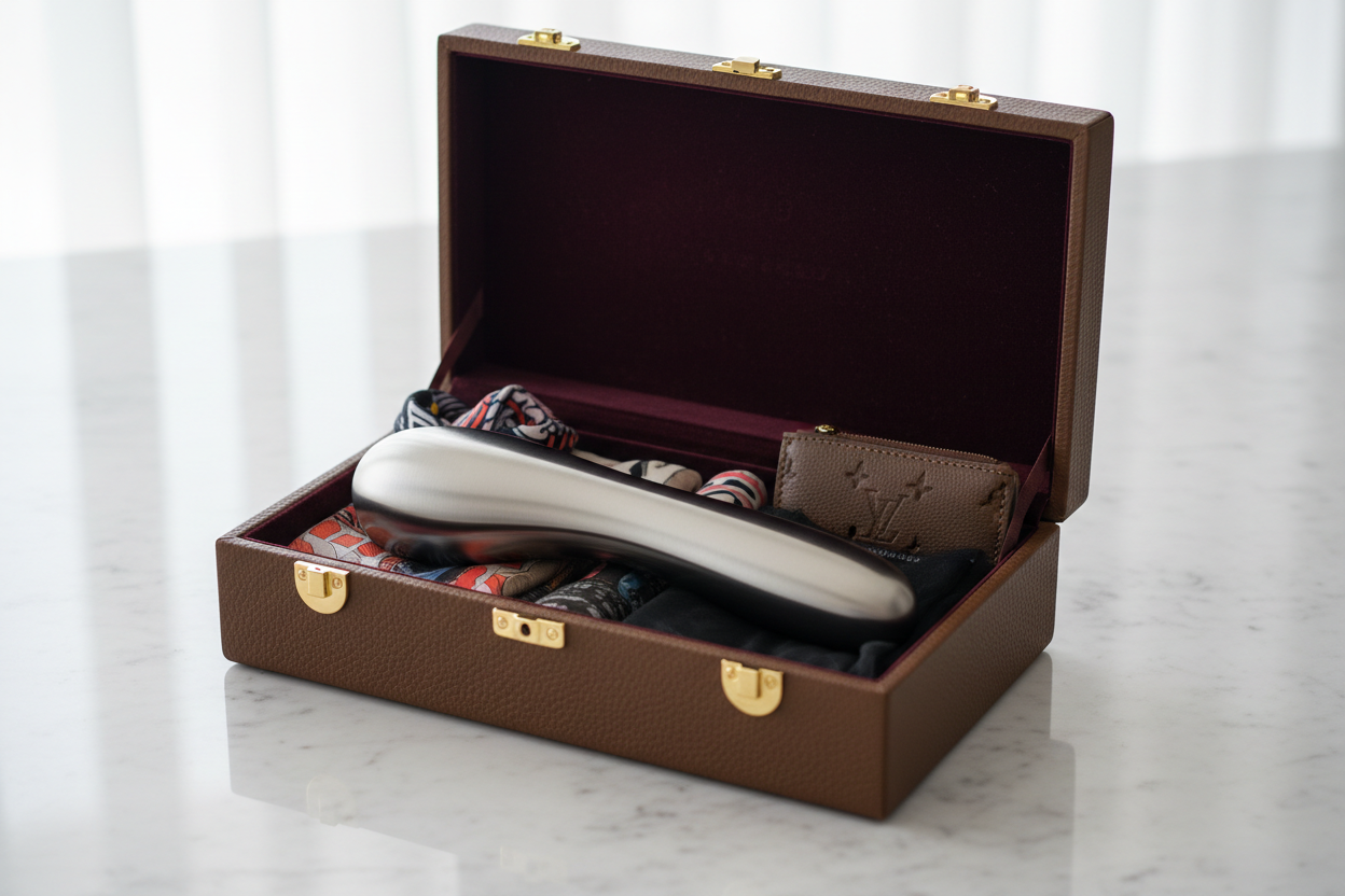 Photo d’un coffret en cuir marron ouvert, posé sur une table en marbre clair. À l’intérieur, un sextoy métallique argenté repose sur des foulards colorés et de petits accessoires de maroquinerie, créant une ambiance luxueuse et élégante.