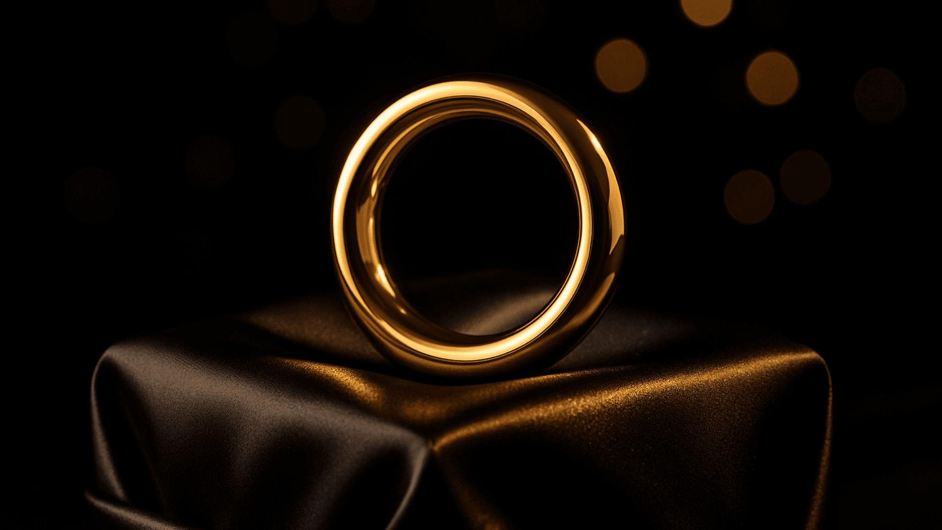 Anneau pénien doré sur fond et boîte noir recouvert de satin avec reflets lumineux – Prestige Sensuel
